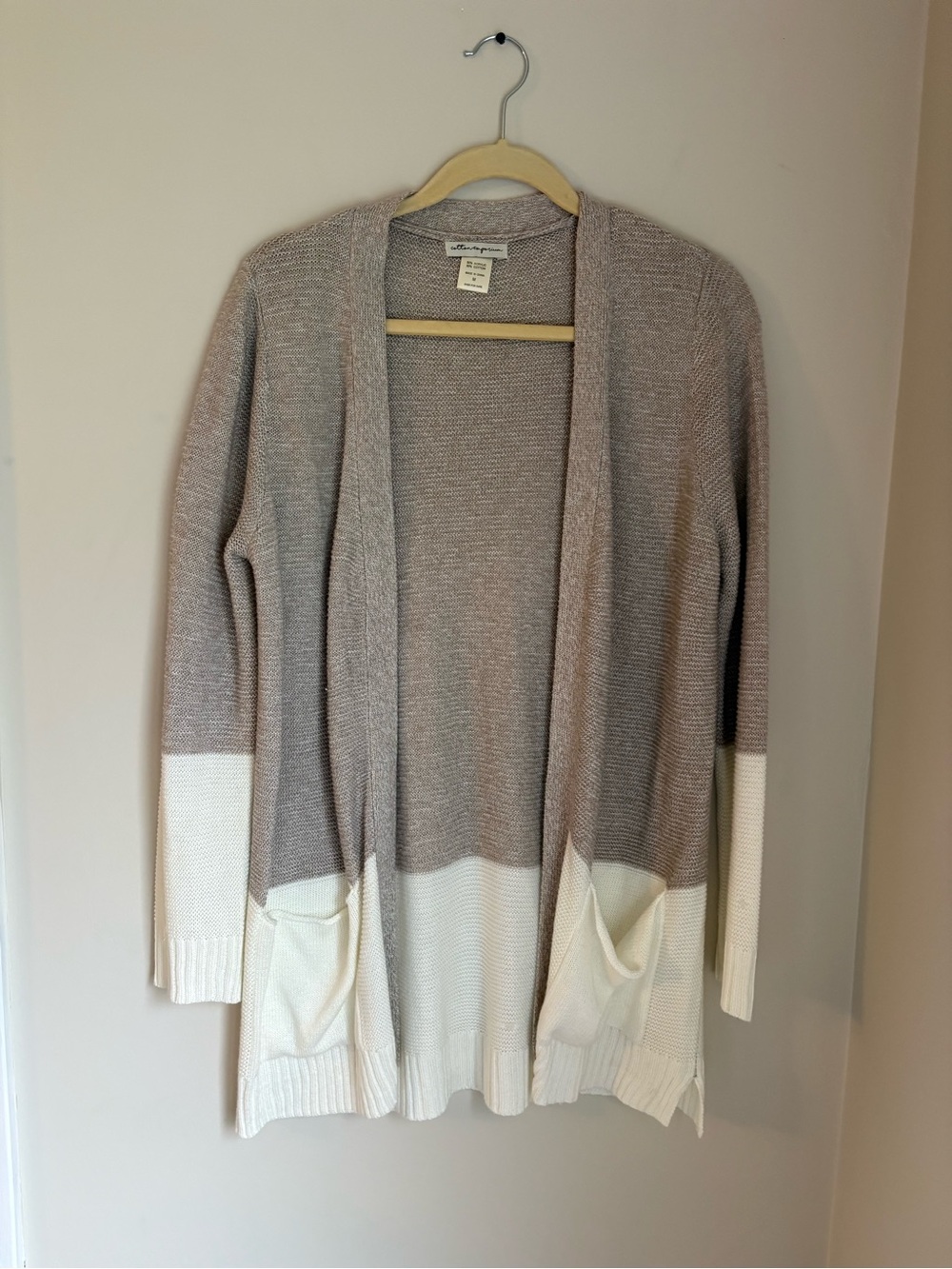 Cotton Emporium Taupe and White Open-Front Colorblock Cardigan